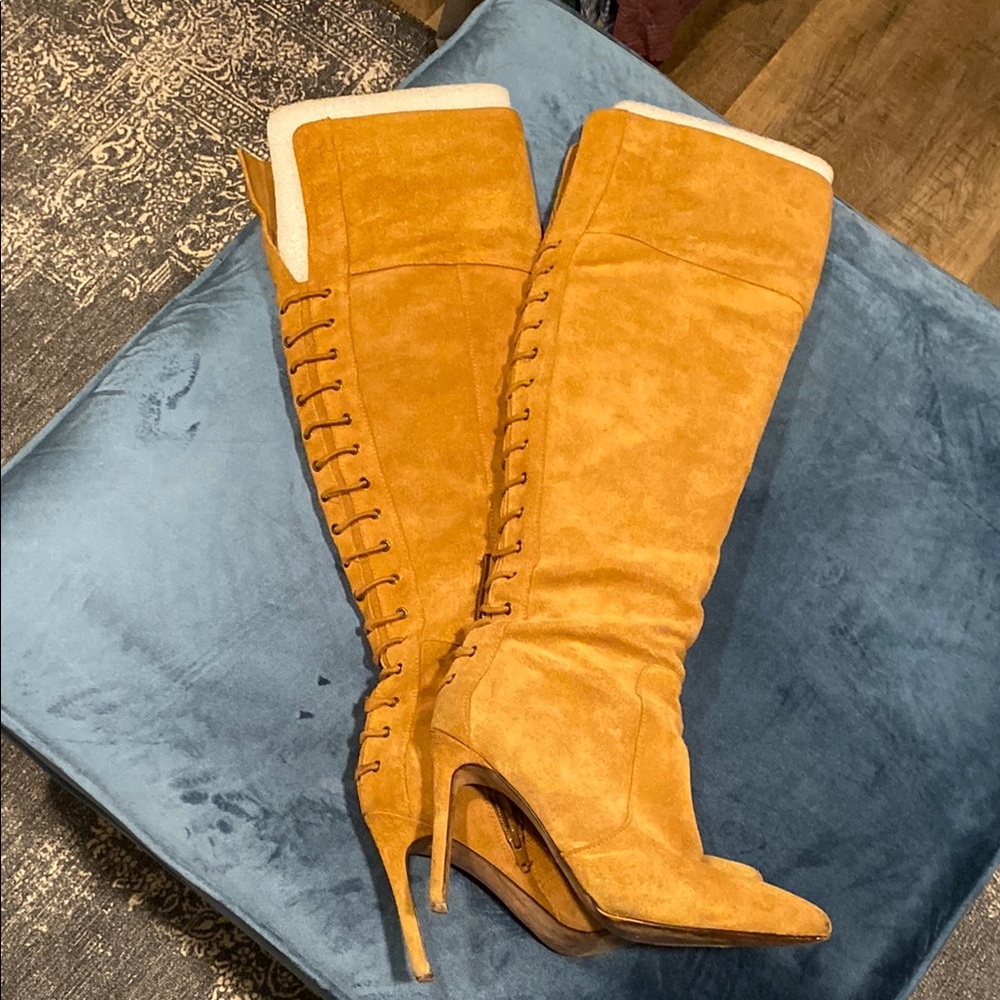 Jessica Simpson Tan Over the Knee Boots with Lace-Up Detail